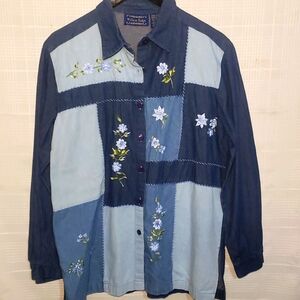 Cottage core Denim patchwork, Kneedlepoint Women's Button Down Shirt.